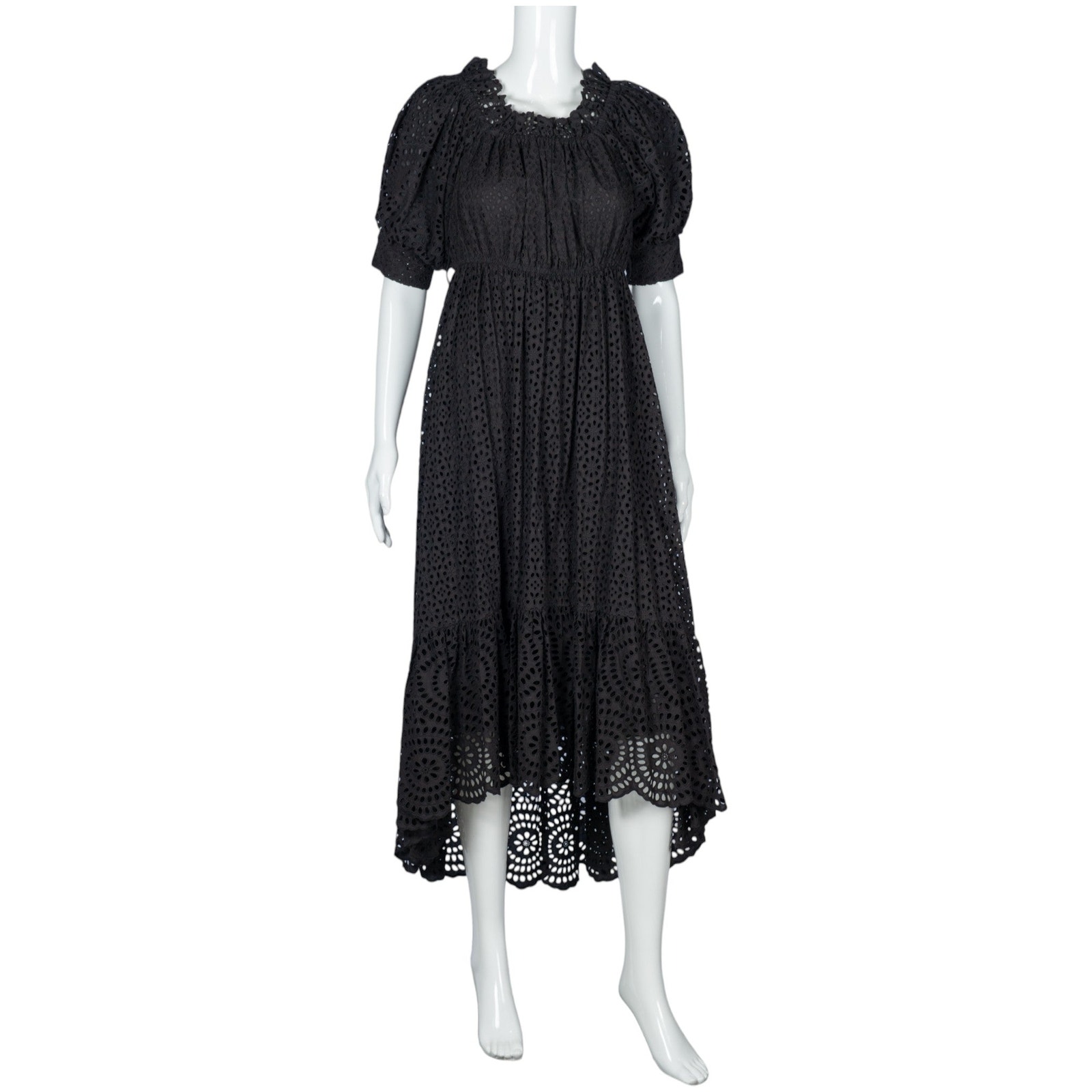 Ulla Johnson Black Cotton Lace Short Sleeve Eyelet High-Low Midi Dress Size Xs